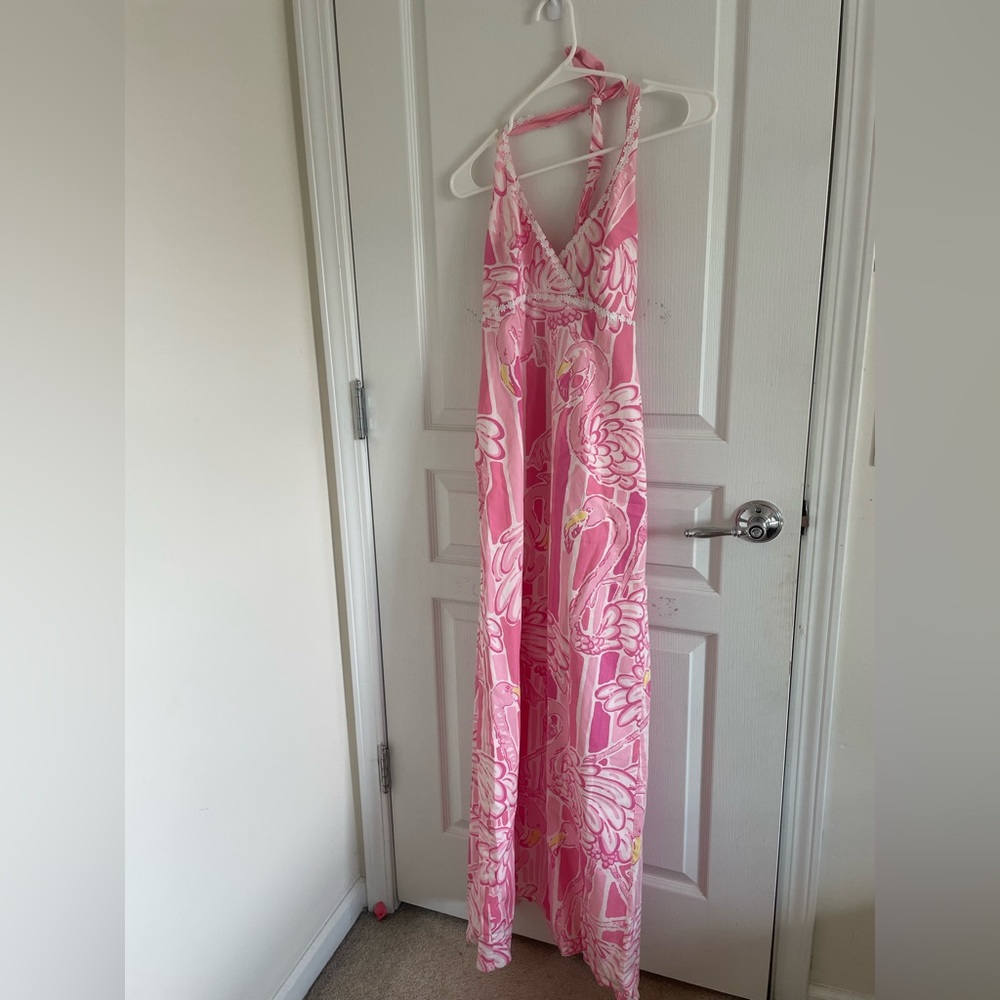 Like new Lilly Pulitzer pink flamingo long halter dress Sz 2